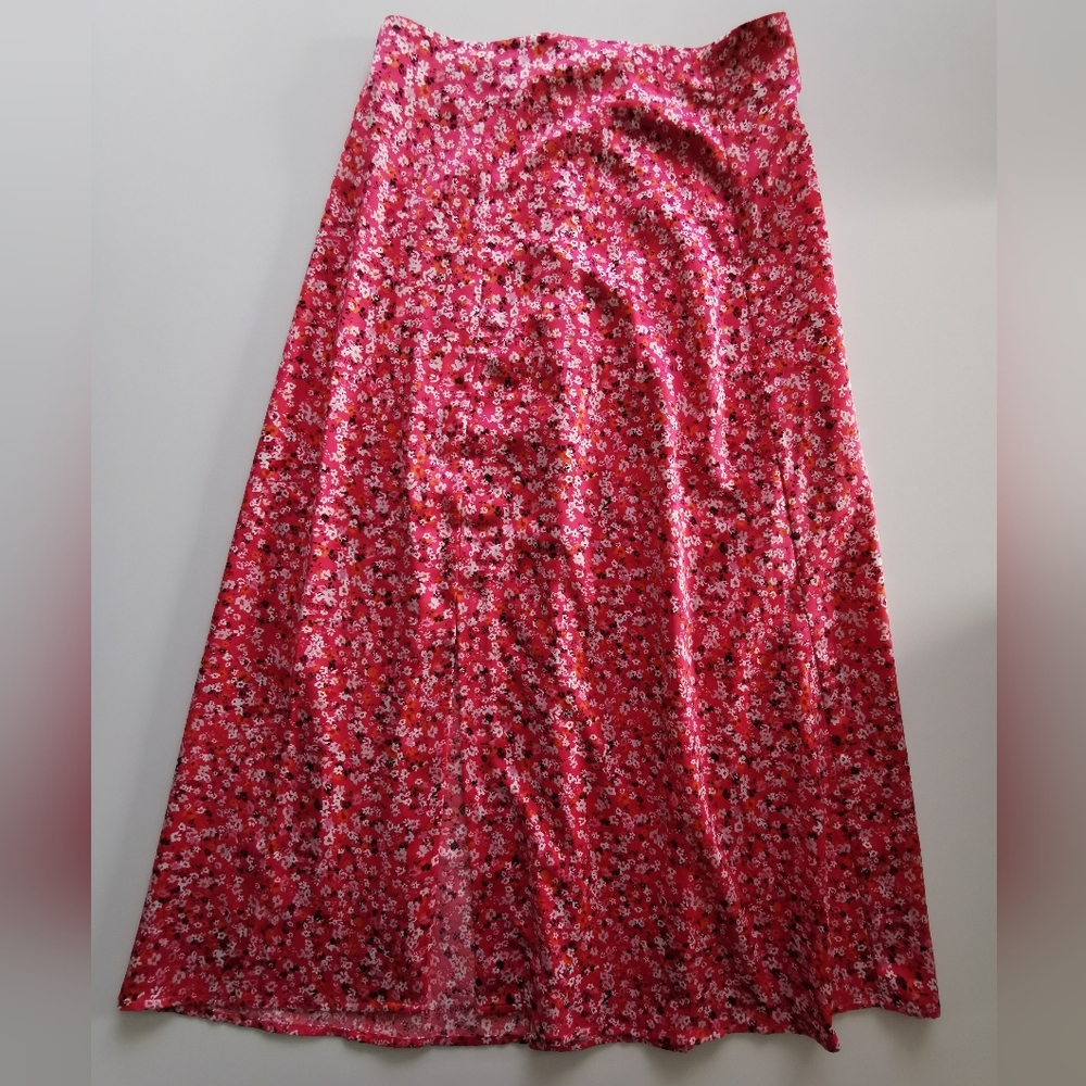Dynamite Pink Flower Pattern Print Satin A Line Midi Skirt